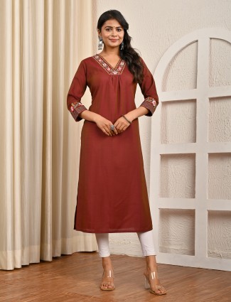 Brown cotton silk embroidered everyday kurti