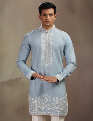 Grey silk kurta pajam with embroidery