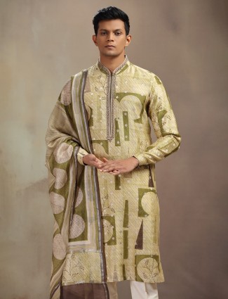 Olive silk printed kurta suit with dupatta