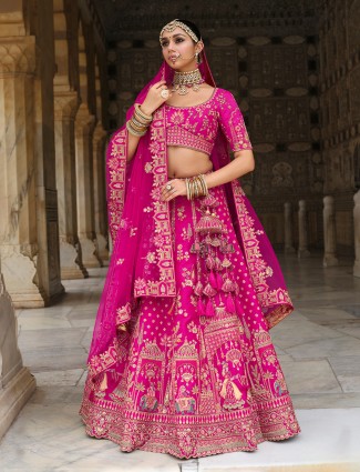 Pink silk bridal lehenga choli highlighted with resham and sequins radiance