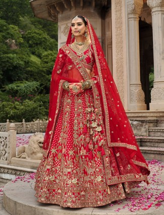 Red silk bridal lehenga choli with sequins and resham brilliance