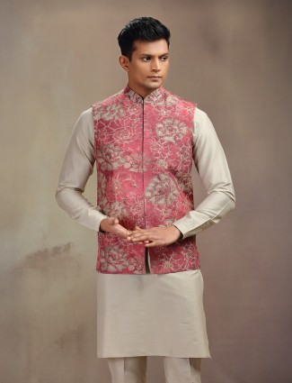 Beige and brown cotton waistcoat set with subtle traditional appeal