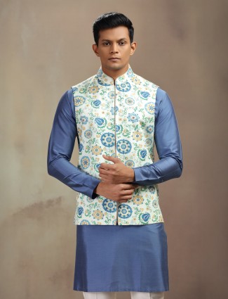 Blue and pista Banarasi silk waistcoat set with vibrant motifs
