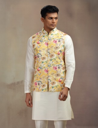Cream and yellow cotton silk waistcoat set with contemporary print