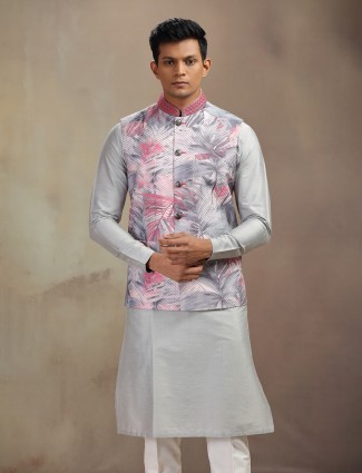 Grey Banarasi silk waistcoat set with classic printed detailing