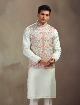 Pista green satin linen waistcoat set with stylish prints