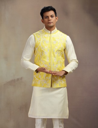 Yellow Banarasi silk waistcoat set with festive elegance