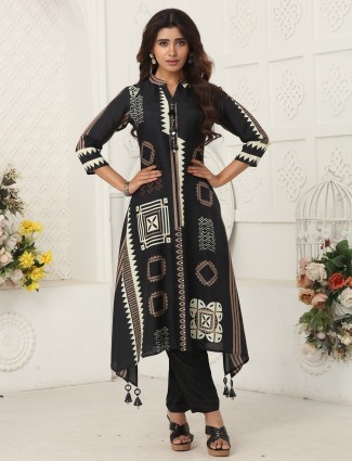 Black printed russian silk kurti set