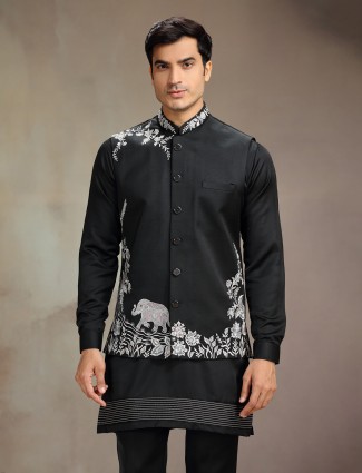 Black satin linen embroidered wedding waistcoat set