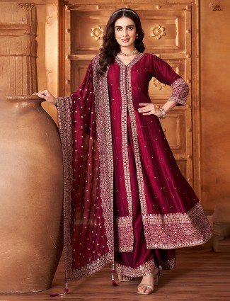 Maroon silk pakistani palazzo suit with resham work
