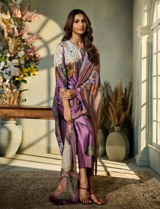 Purple printed silk festive kurti set