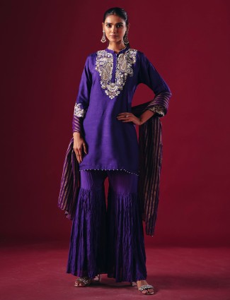 Dark purple silk stand collar sharara suit