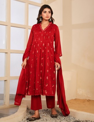 Maroon cotton silk embroidered kurti set