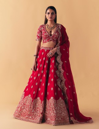 Maroon raw silk zardosi bridal lehenga choli