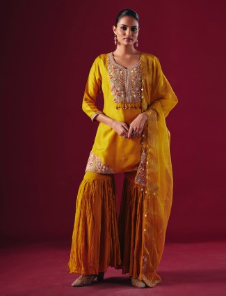 Mustard yellow silk sharara festive suit