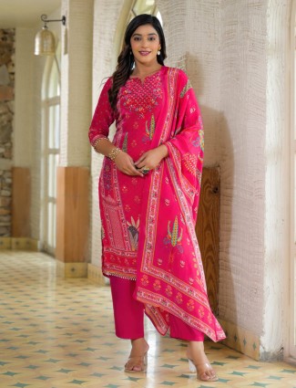 Pink silk festive printed kurti set