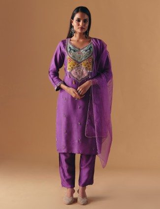 Purple silk sweetheart festive salwar suit