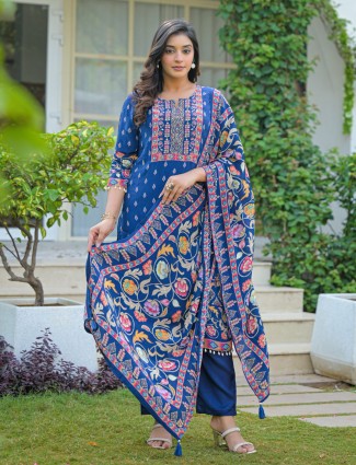 Rama blue silk festive kurti set