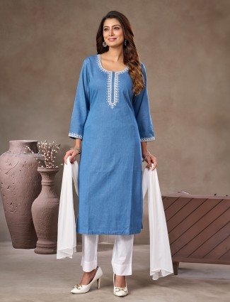 Aqua cotton silk embroidered salwar suit
