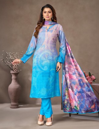 Aqua cotton stand collar salwar suit