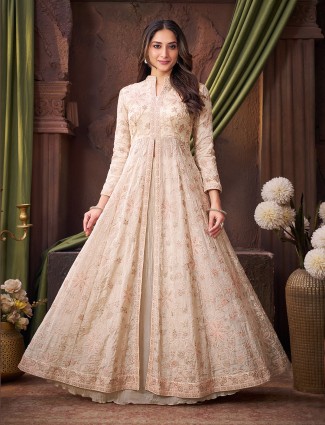 Beige floor length chiffon lehenga suit
