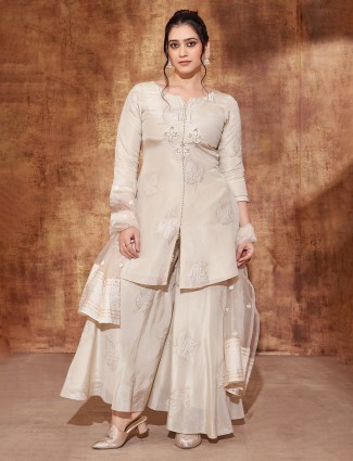 Beige silk palazzo suit with sweetheart neckline