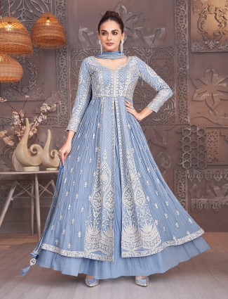 Blue georgette sweetheart neck lehenga suit