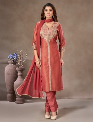 Dark peach tissue silk suit with dupatta