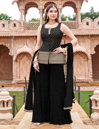 Black silk georgette palazzo suit with stone work