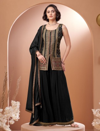 Black silk palazzo suit with zari embellishment
