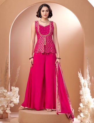 Magenta silk palazzo suit with gota work