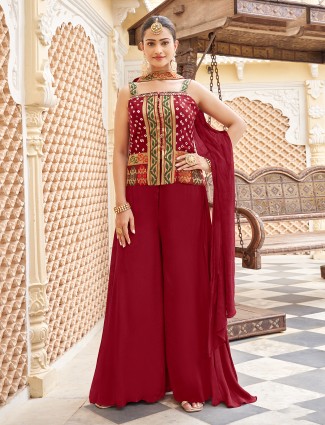 Maroon chiffon palazzo suit with zari work