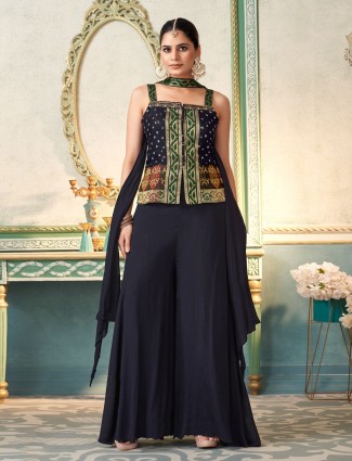 Navy chiffon palazzo suit with zari detailing