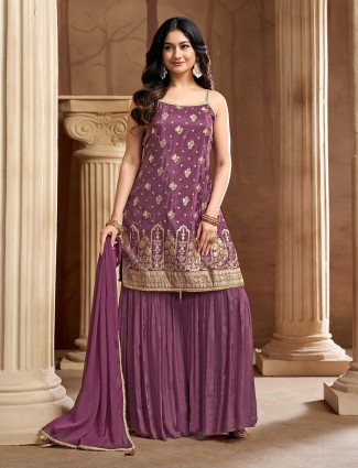 Pastel purple silk sharara suit with pearl work
