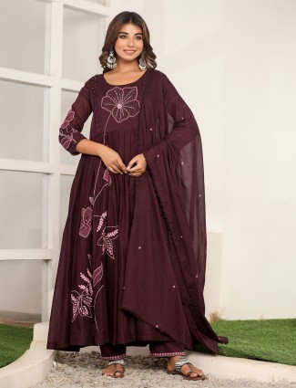 Wine cotton silk embroidered kurti set