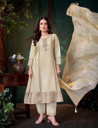 Beige silk pakistani diamond work suit