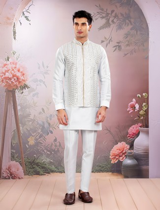 White silk mirror embellished waistcoat set