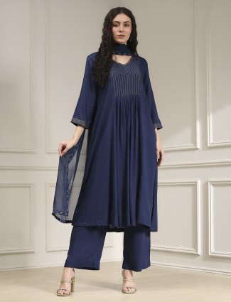 Navy plain cotton silk kurti set with elegant dupatta