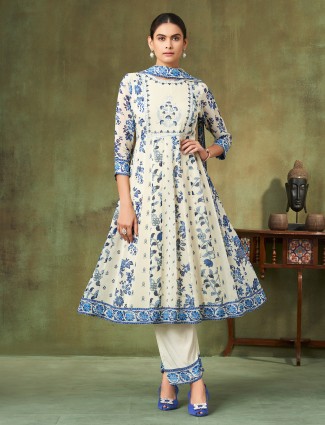 Off white and blue silk floral salwar suit with aabla embellishments