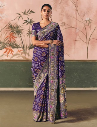 Royal blue bandhej georgette saree with zari accents