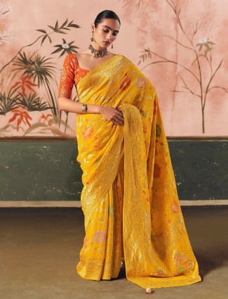 Mustard yellow bandhej georgette saree with elegant zari work