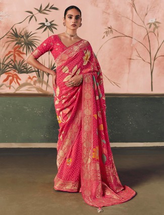 Graceful pink bandhej georgette saree with zari weaving