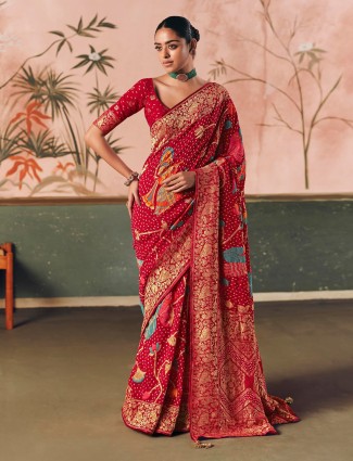 Radiant red bandhej georgette saree with zari detailing