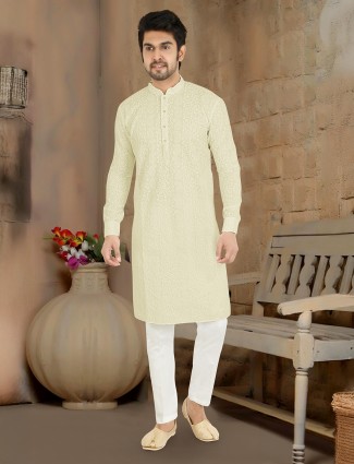 Cream cotton silk kurta suit with chinese collar
