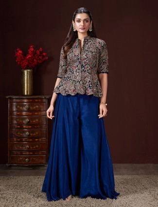 Blue embellished silk palazzo suit for women