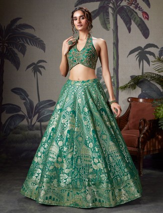 Green silk mehendi wear lehenga choli