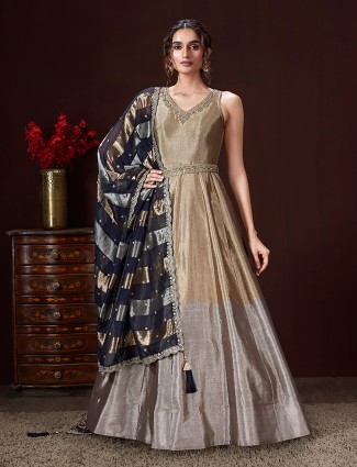 Grey and gold silk anarkali suit with black dupatta for women