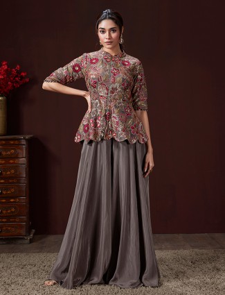 Grey silk palazzo suit with rich embellishment