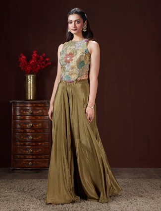 Olive printed crepe silk palazzo suit for festive wear
