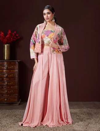 Peach satin silk printed palazzo suit with jacket